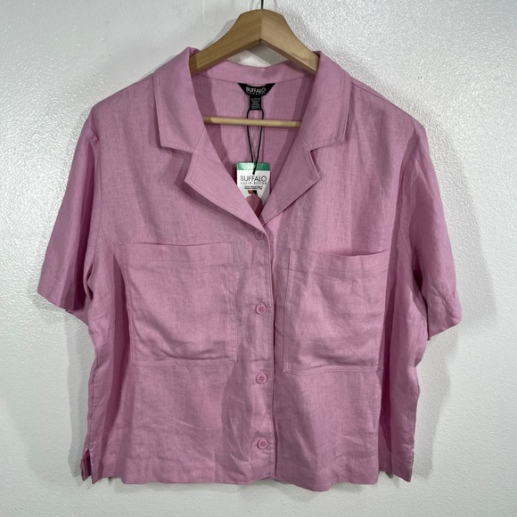 Buffalo David Bitton Women's Pink Linen Blend Short Sleeve Button Up Shirt XL - Picture 2 of 11